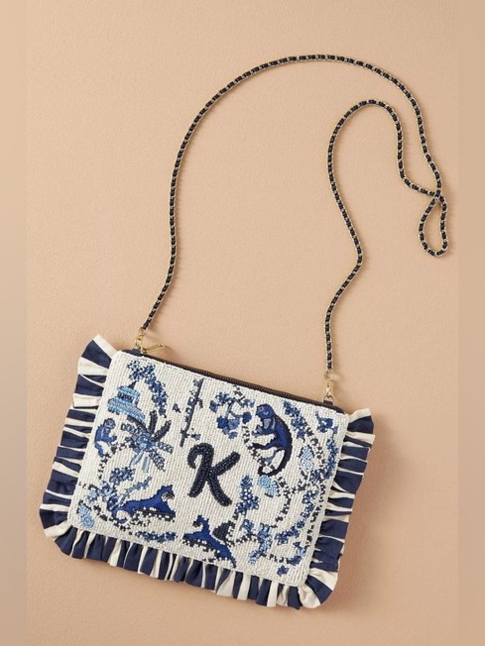 New Anthropologie Monogram Beaded Clutch Bag One Size